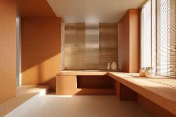 Warm terracotta office interior with seamless matte desk and soft backlighting, sunlight thin blinds creating striped light play across