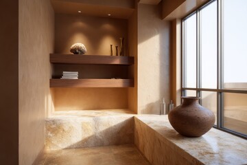 Warm luxury spa bathroom with travertine floating shelves, mocha-toned walls, natural sunset light filtering high window, ambient occlusion at