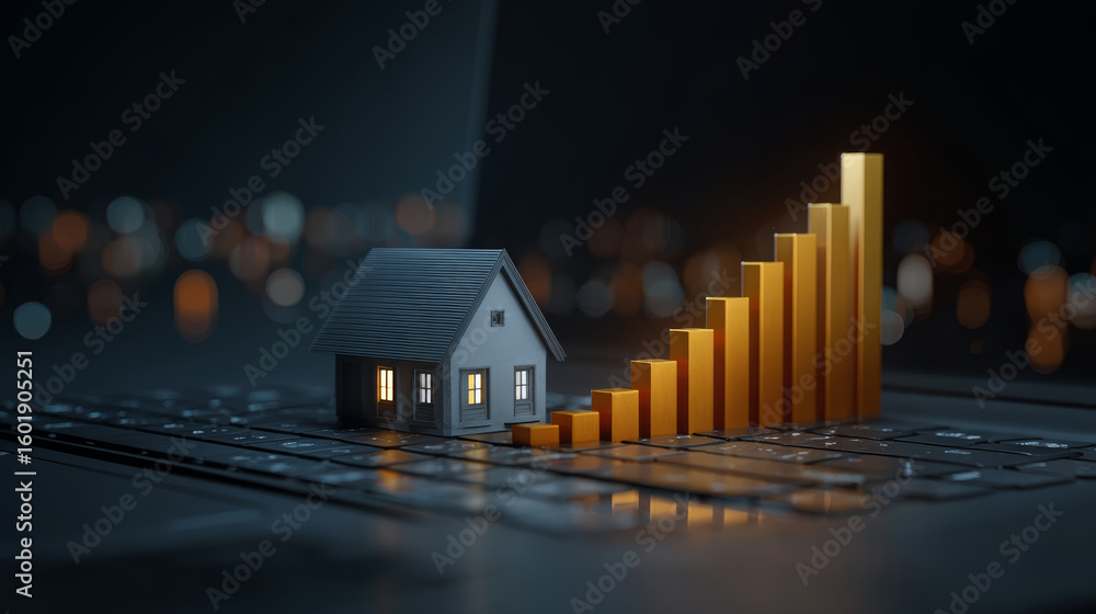 Poster small house model with glowing windows next to rising golden bar graph on keyboard symbolizing real 