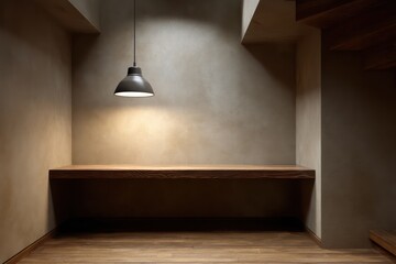 Workspace in sunken alcove, ash wood desk surface under warm pendant lighting, dramatic top-down shadow contrast, accurate ambient bounce