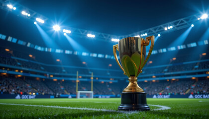 Golden trophy cup on green grass field in large football stadium with bright lights and cheering crowd