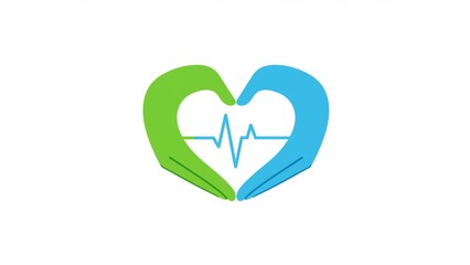 Vector illustration of hands forming a heart shape with pulse line inside, clean stroke style in green and blue