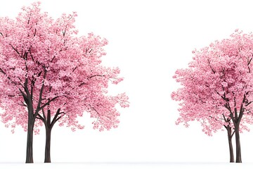 Two beautiful cherry blossom trees in full bloom against a white background landscape