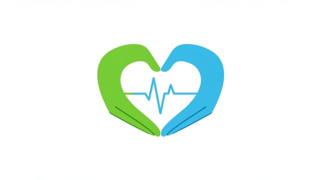 Vector illustration of hands forming a heart shape with pulse line inside, clean stroke style in green and blue