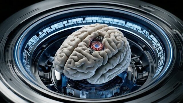 Brain in machine: A meticulously rendered, anatomical brain is encased within a futuristic, mechanical structure, evoking themes of advanced technology and the intricacies of the human mind. 