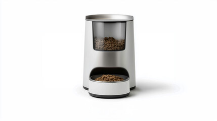 Modern automatic pet feeder with dry food, isolated on a white background