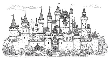 Obraz premium Black and white castle drawing (1)