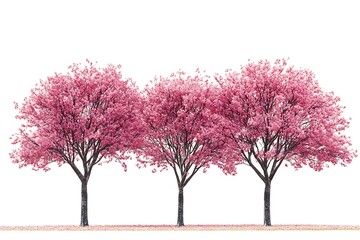 Obraz premium Trzy piękne drzewa wiśniowe z intensywnie różowymi kwiatami na białym tle