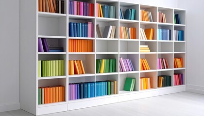 Vibrant books arranged on a sleek white bookshelf in a minimalist room, showcasing a spectrum of colors.