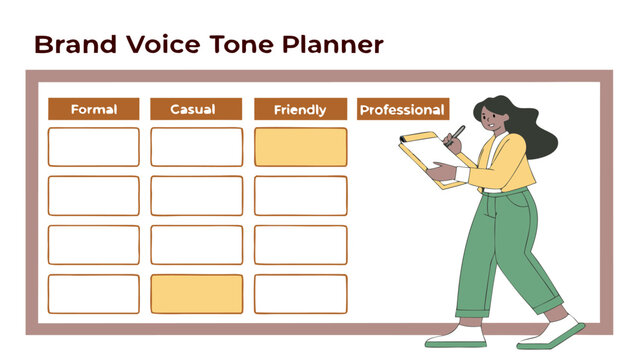 Illustration of brand voice tone planner with formal casual friendly and professional sections and woman writing