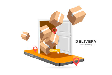 Parcel boxes or cardboard boxes float in through the door of the house to communicate delivery service to front of house from using online shopping app service via smartphone, vector 3d isolated