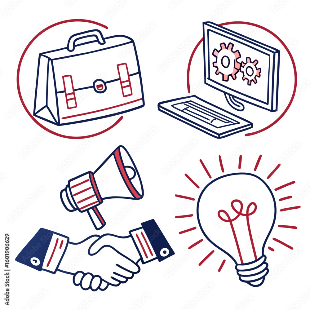 Poster illustration of business elements including a briefcase computer handshake and lightbulb idea icon