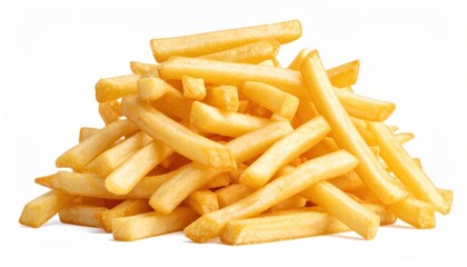 A heap of golden, crispy French fries on a white background, ideal for fast food, snack, or culinary themes.