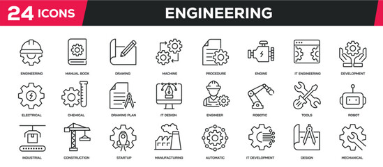 Obraz premium Set of collection line icons related engineering, manufacturing, industrial. Editable stroke. Perfect pixel on transparent background