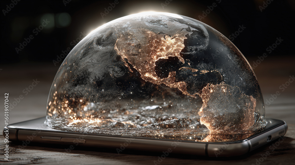 Poster 3d holographic display showcasing globe with illuminated continents, symbolizing mobile internet gro