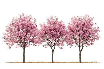 Beautiful blooming cherry trees with pink flowers isolated on white background in springtime