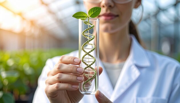 Scientist examines DNA helix in test tube, highlighting biotechnology and genetic research in a greenhouse setting. - Powered by Adobe