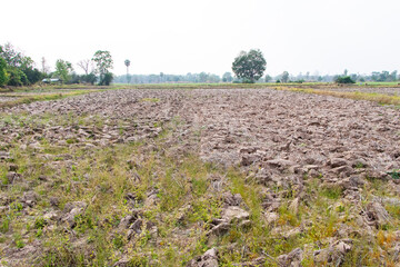 Tiller marks in plowed soil ground, aerial. Texture background abstract. Plow marks on dry fields in rural areas where farmers work to cultivate crops.