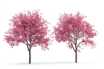 Two flowering pink cherry blossom trees isolated on white background for spring design elements