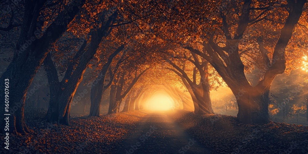 Poster a surreal scene where trees arch perfectly to form a glowing gateway