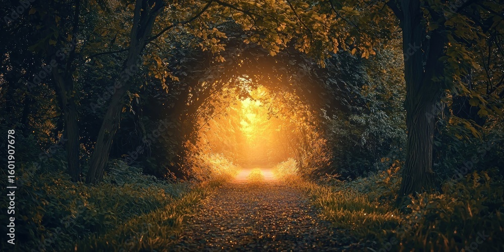 Poster a surreal scene where trees arch perfectly to form a glowing gateway