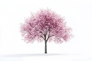 Fototapeta premium Solitary cherry blossom tree in full bloom against a bright white background in springtime