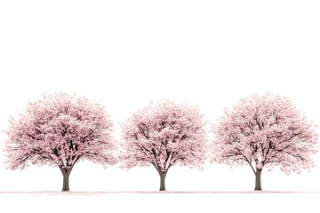 Three beautiful cherry blossom trees with pink flowers blooming in spring against white background