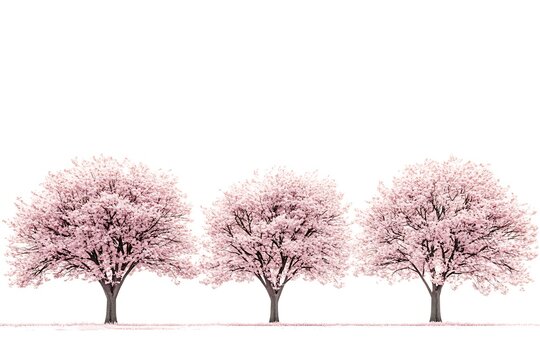 Three beautiful cherry blossom trees with pink flowers blooming in spring against white background - Powered by Adobe