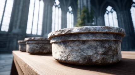 Fototapeta premium Three rough stone bowls sit on a wooden table in front of gothic architecture