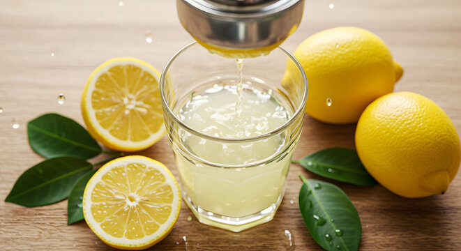 Fresh lemon juice being squeezed into a glass with lemons and green leaves arranged on a wooden surface. - Powered by Adobe