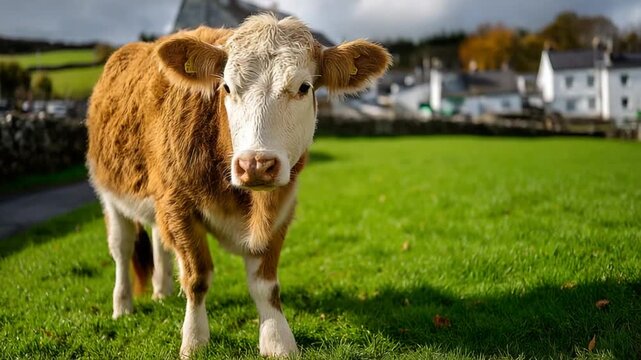 Adorable Hereford Calf in Sunny Pasture with Village Background Idyllic Farm Scene.