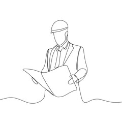 One continuous line drawing of man engineer controlling the construction of building. Building architecture business concept. Single line draw vector graphic design illustration.