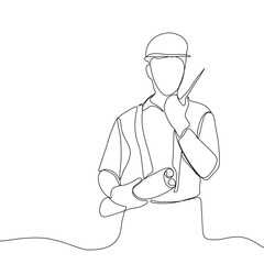 One continuous line drawing of man engineer controlling the construction of building. Building architecture business concept. Single line draw vector graphic design illustration.