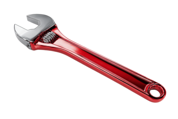 A red and silver wrench is shown in a white background