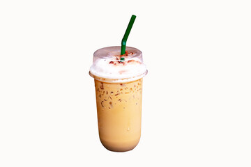 Fresh Iced coffee latte with foam white on top in long glass plastic clear with straw green put isolated on cutout PNG or transparent background.