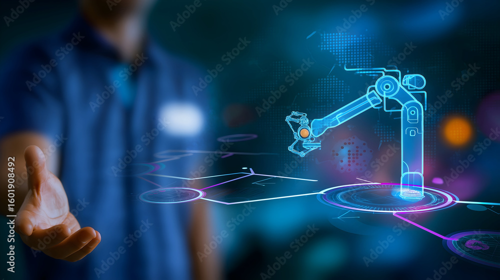 Poster a person interacts with a holographic robotic arm, symbolizing advanced technology and automation in