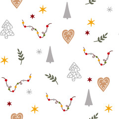 Seamless retro Christmas pattern with gingerbread, Christmas tree, snow, toys.