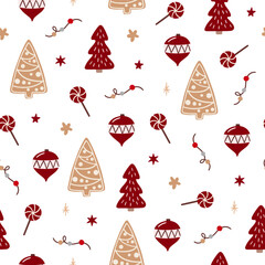 Seamless retro Christmas pattern with gingerbread, Christmas tree, snow, toys.