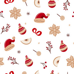 Seamless retro Christmas pattern with gingerbread, Christmas tree, snow, toys.