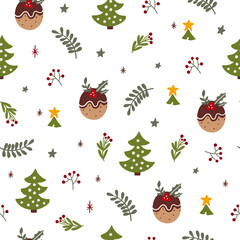 Seamless retro Christmas pattern with gingerbread, Christmas tree, snow, toys.