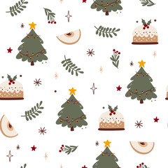 Seamless retro Christmas pattern with gingerbread, Christmas tree, snow, toys.