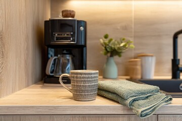 A modern kitchen includes a coffee maker a chic mug treats and a green towel on the counter Light wood cabinets surround a basic sink complementing the minimalist design