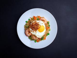A plate of Indonesian fried rice (nasi goreng) topped with a sunny side up egg, served with sliced cucumbers, tomatoes, shredded chicken, and vegetables on a rustic wooden table.