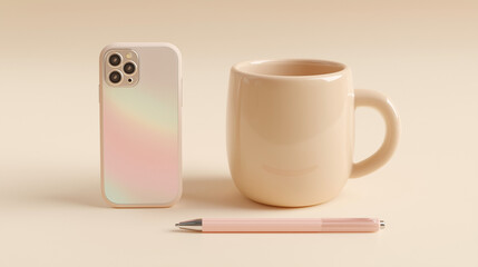 Smartphone, Mug, and Pen in Minimalist Beige Scene