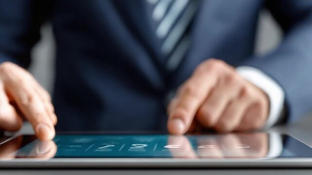 Digital Navigation: A close-up shot showcases hands navigating the user-friendly interface of a tablet. The modern business technology seamlessly merges into the hands of the person.