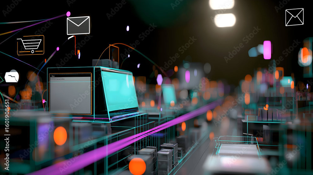 Aufkleber a futuristic digital network illustrating e-commerce and communication with floating icons and a blu