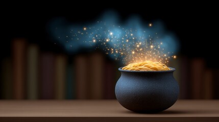A cauldron filled with golden spaghetti emits magical glowing particles and smoke