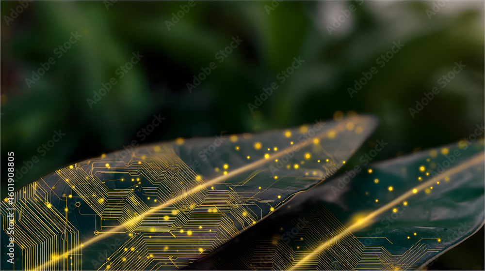 Poster close-up of dark green leaves with superimposed golden digital circuit patterns and glowing dots, sy