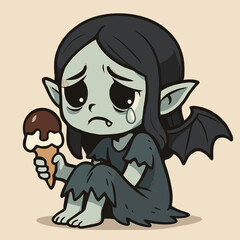 Sad cartoon vampire girl holding melting ice cream, teary eyes, spooky and cute.