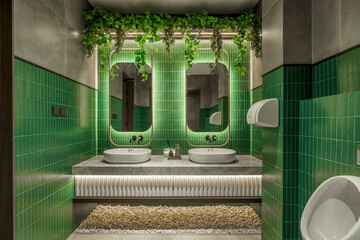 Wide view of a modern biophilic-designed public restroom with a double vanity, backlit mirrors,...